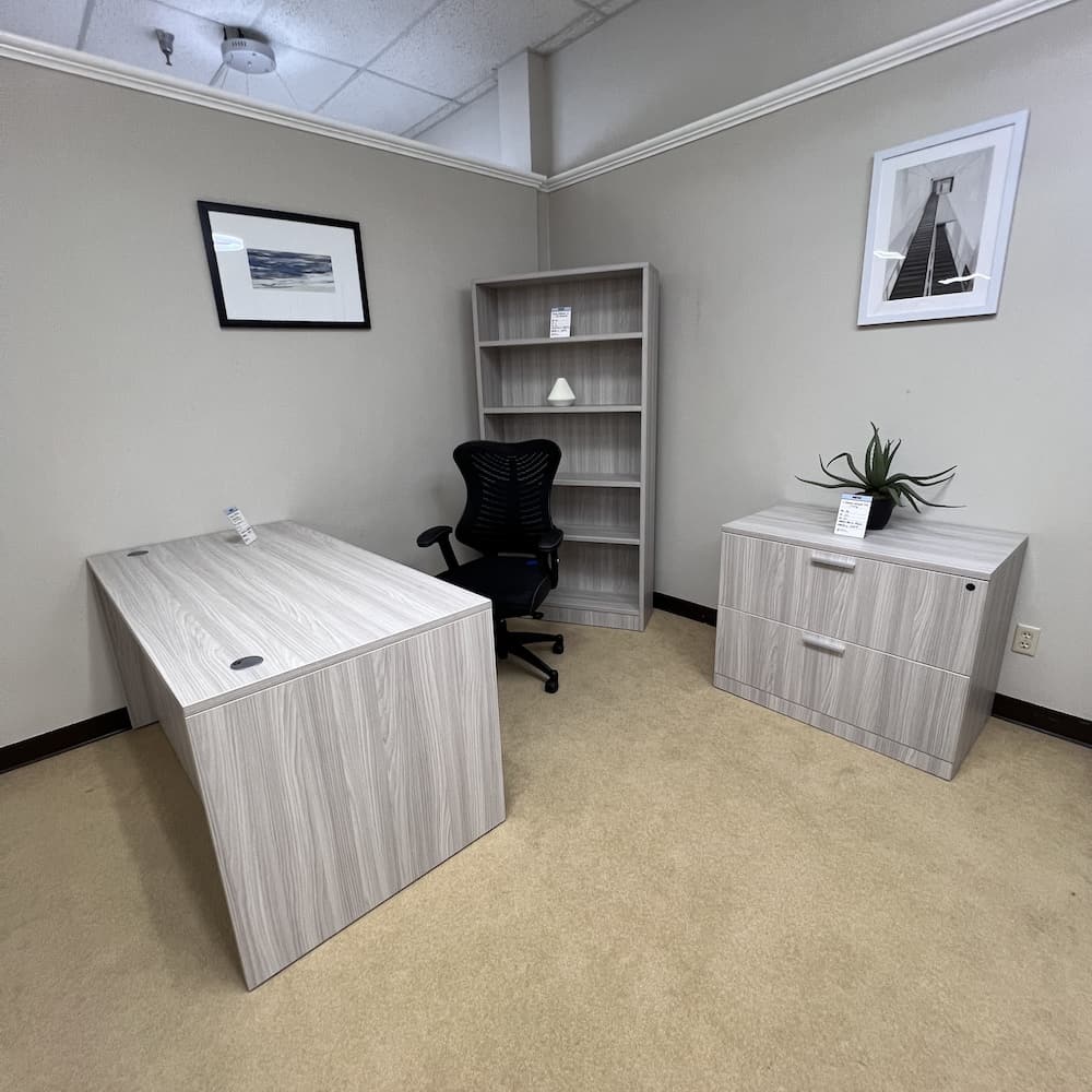 Harbor Elm grey laminate desk set, new, office furniture, Rayne collection