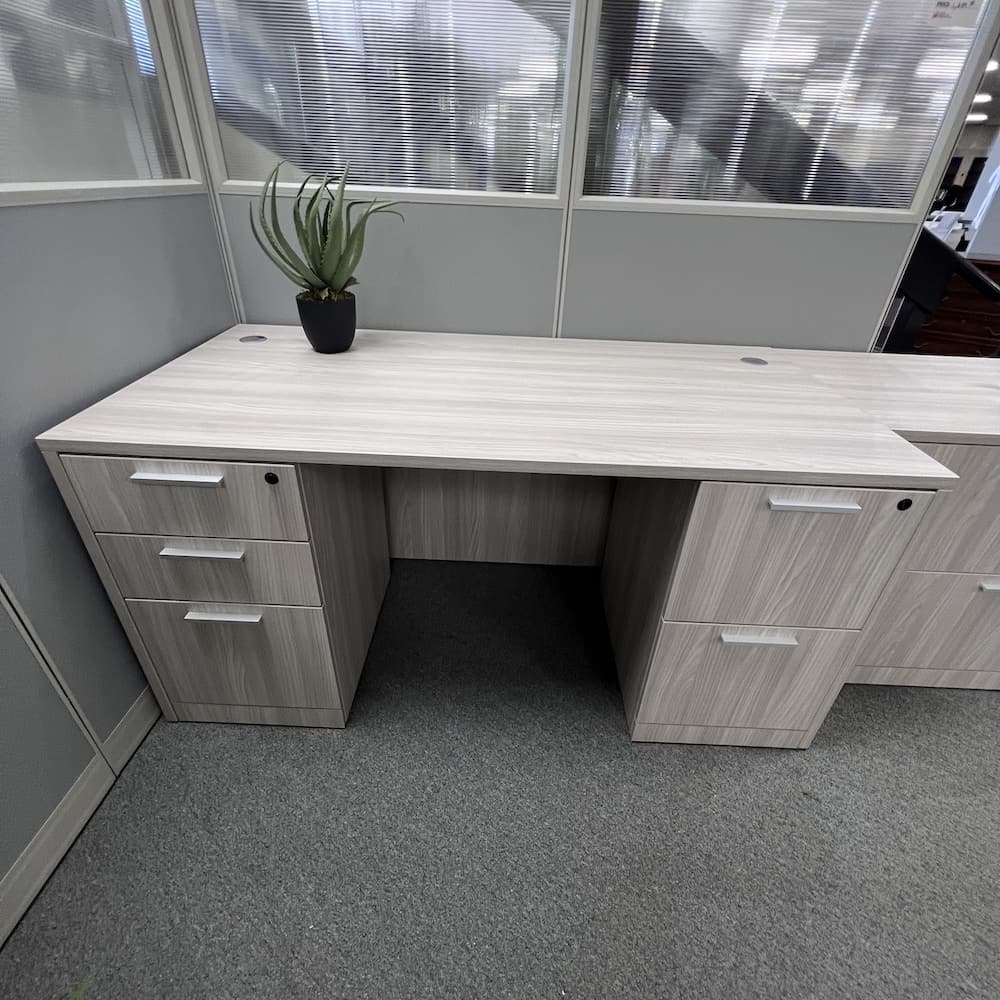 Harbor Elm grey laminate straight desk, new, 60x30, double pedestal, office furniture, Rayne collection