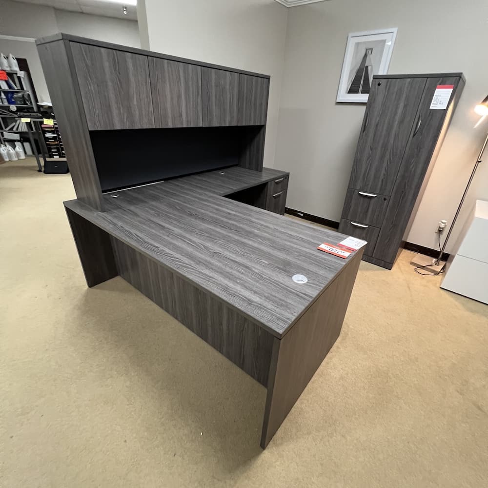 Newport grey laminate l-desk right return with hutch and double hanging box file pedestals, used office furniture
