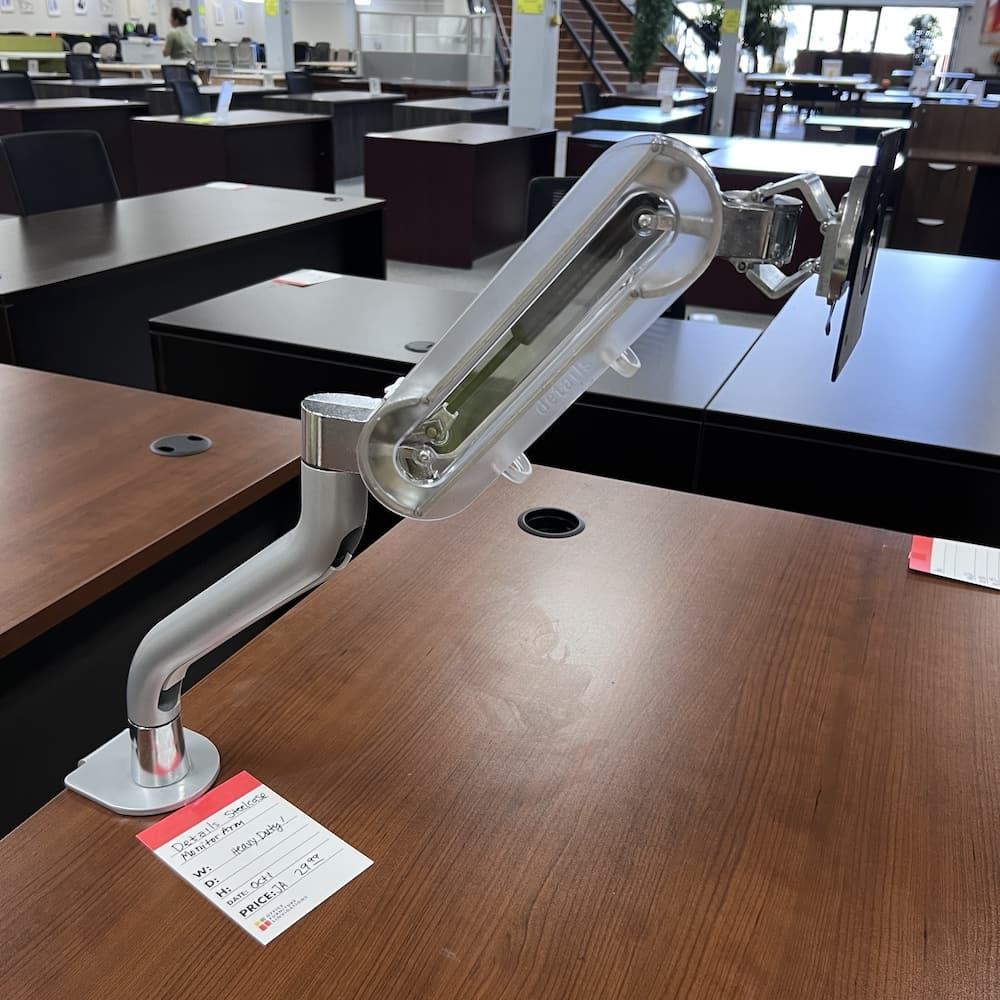 silver and acrylic heavy duty steelcase monitor arm, used office furniture