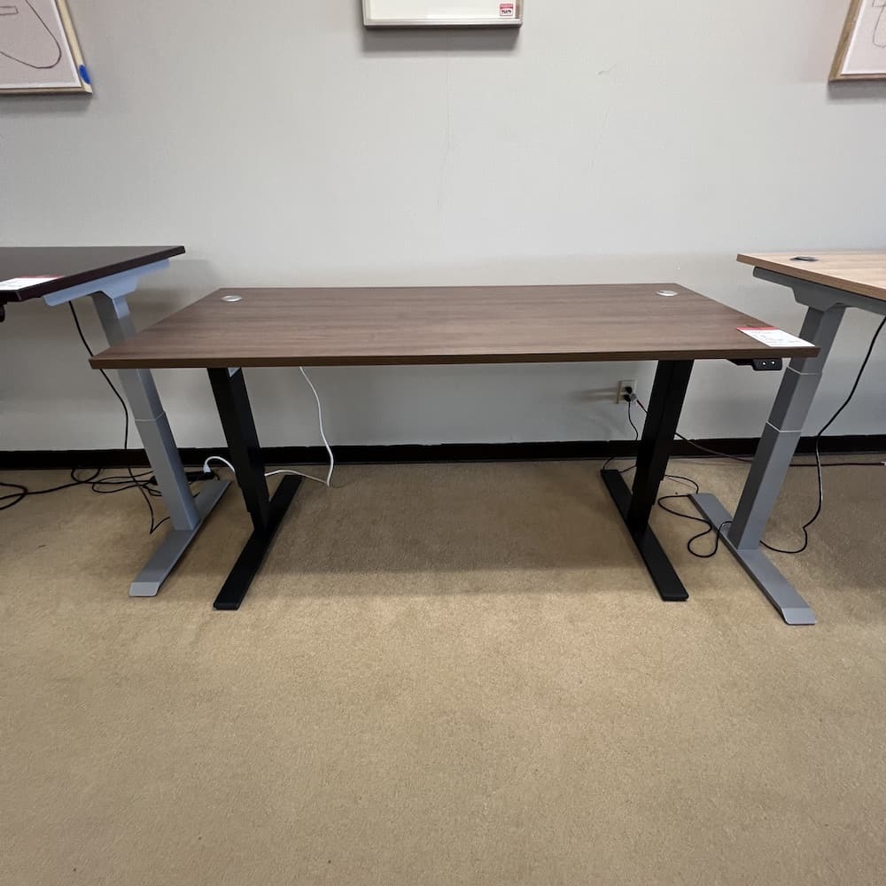walnut laminate desk height adjustable, 66x30, used office furniture, standing desk, electric