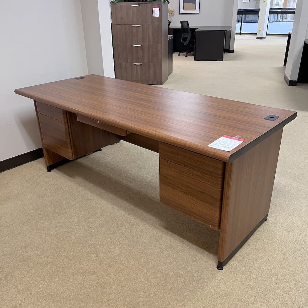 walnut laminate vintage mid century modern look desk with double hanging box/files, used office furniture