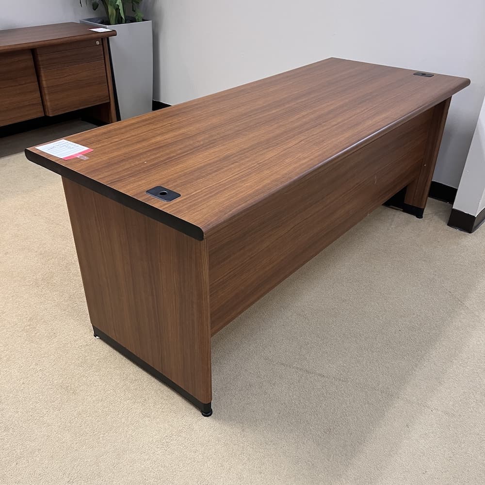 walnut laminate vintage mid century modern look desk with double hanging box/files, used office furniture