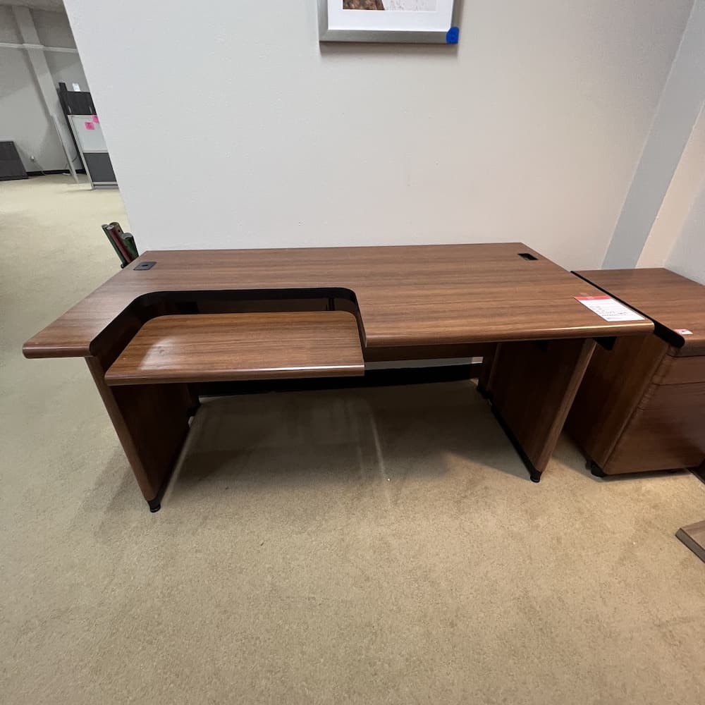 walnut laminate vintage mid century modern look desk with double hanging box/files, used office furniture