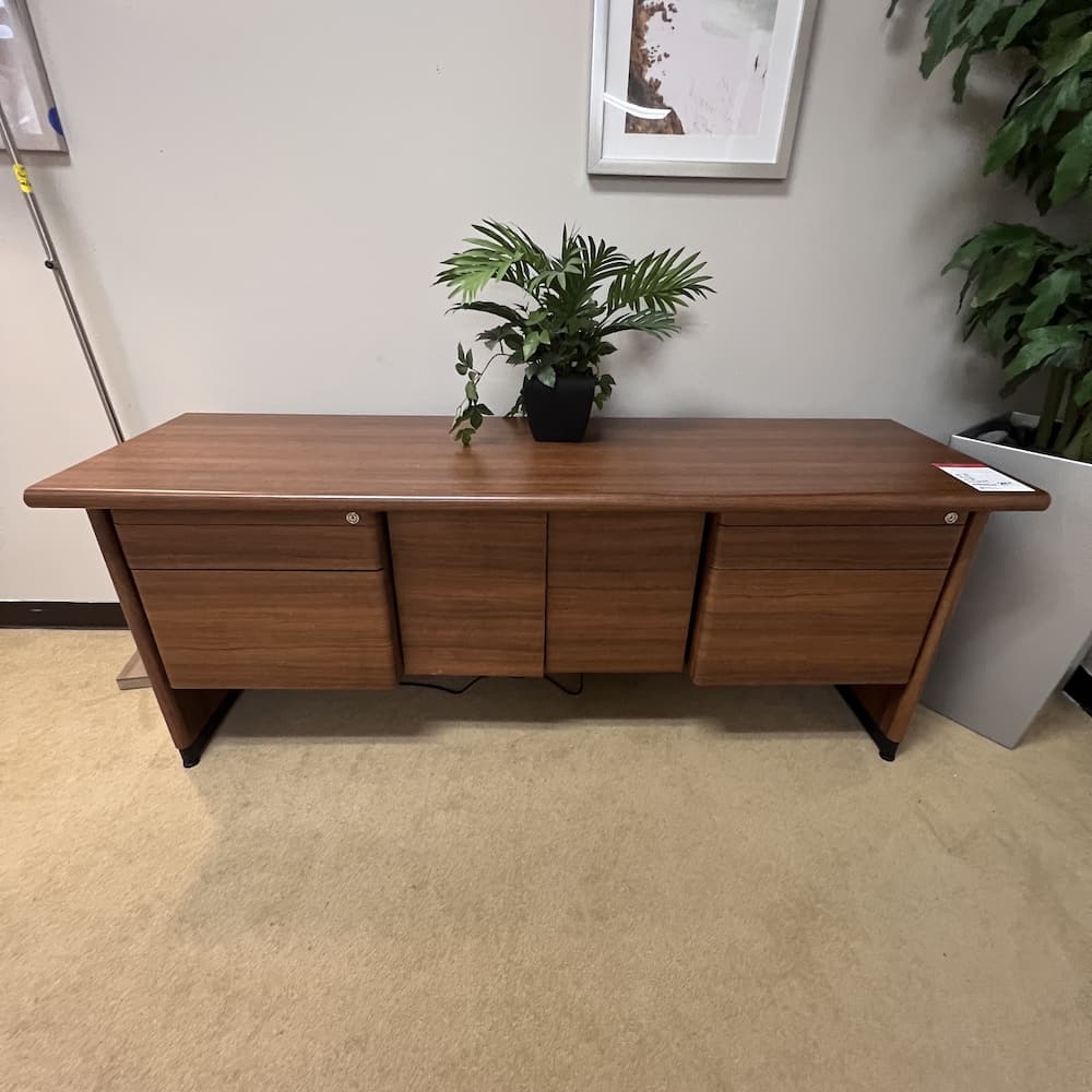walnut laminate vintage mid century modern look credenza with double hanging box/files, used office furniture