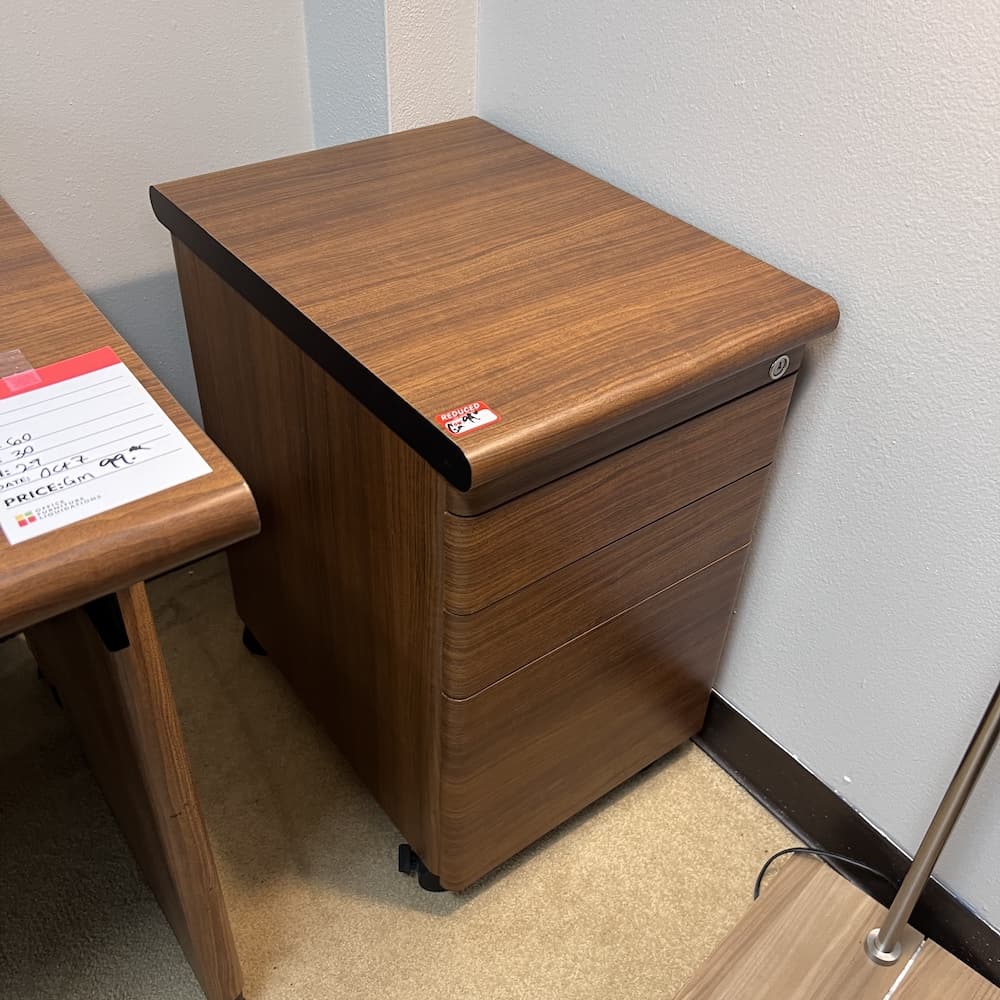 walnut laminate vintage mid century modern look pedestal vertical file box/box/file drawers, used office furniture