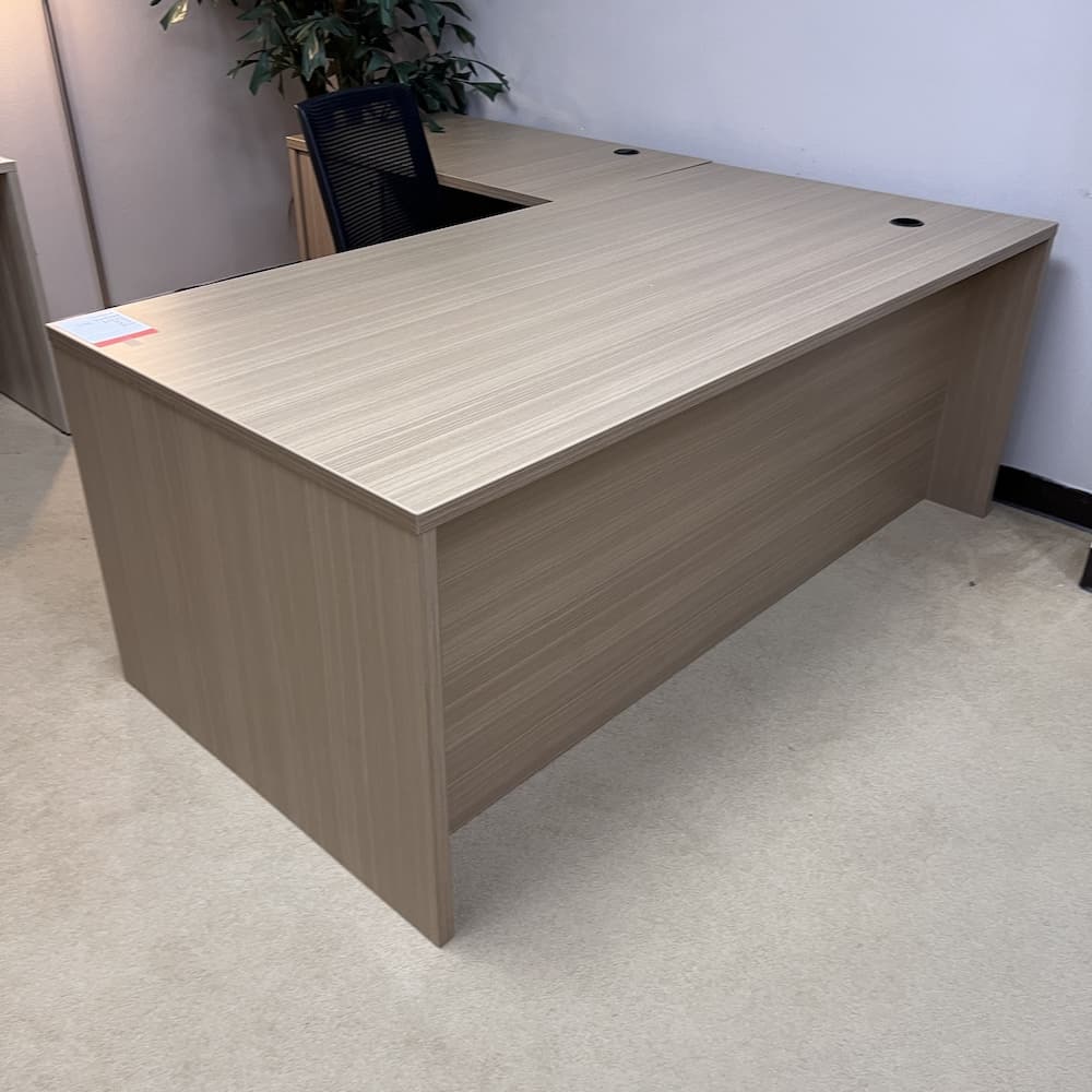 maple blonde walnut L-desk L-shaped, used office furniture, double pedestal, left return