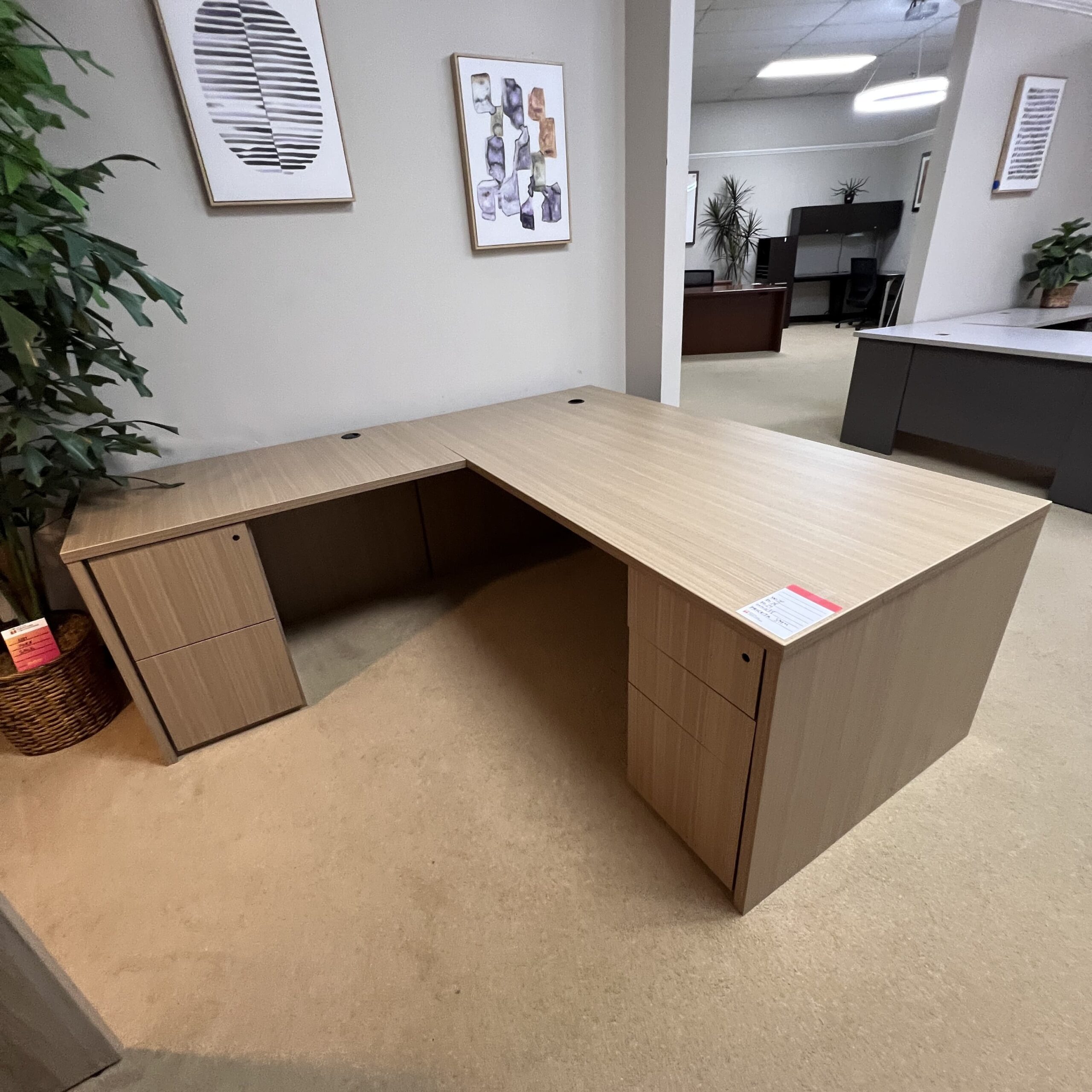 maple blonde walnut L-desk L-shaped, used office furniture, double pedestal, left return