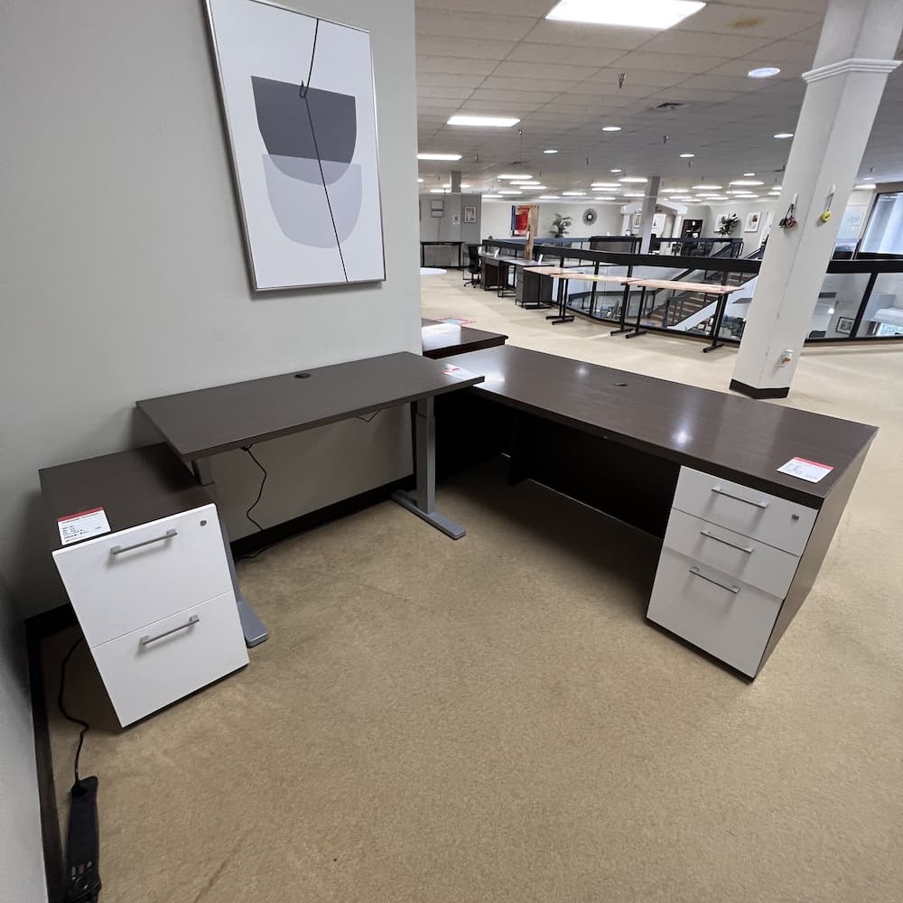 walnut and white laminate desk set with height adjustable and rolling file/vertical pedestal