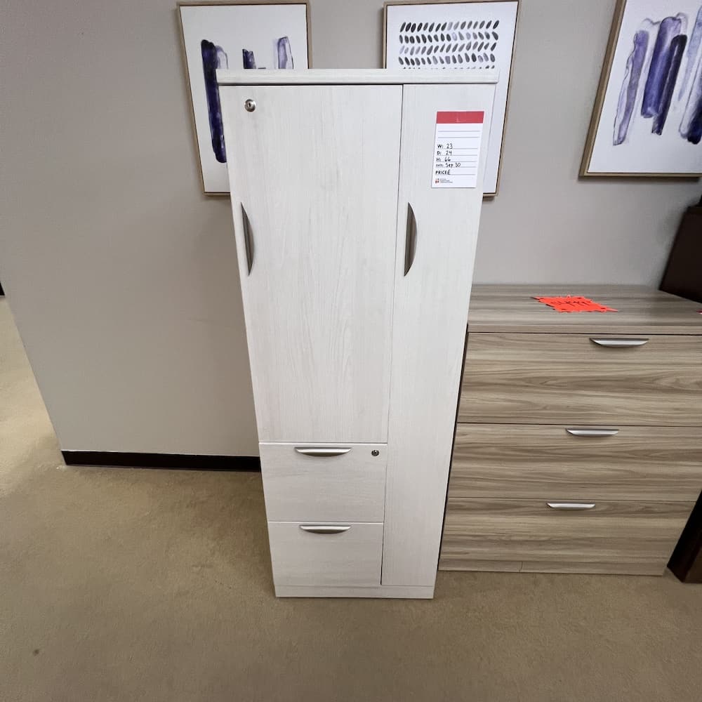 Arcadia white laminate storage cabinet, office wardrobe with file drawer and bookcase, used office furniture, open box office furniture