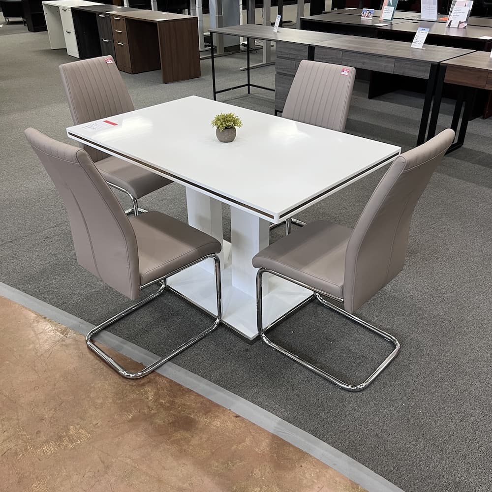 white laminate rectangle table with chrome edging, post modern