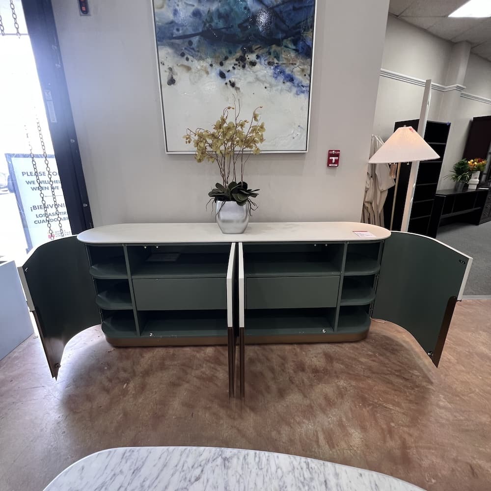 cream white laminate buffet sideboard, caracole tangier, used furniture, storage cabinet, home furniture, green interior