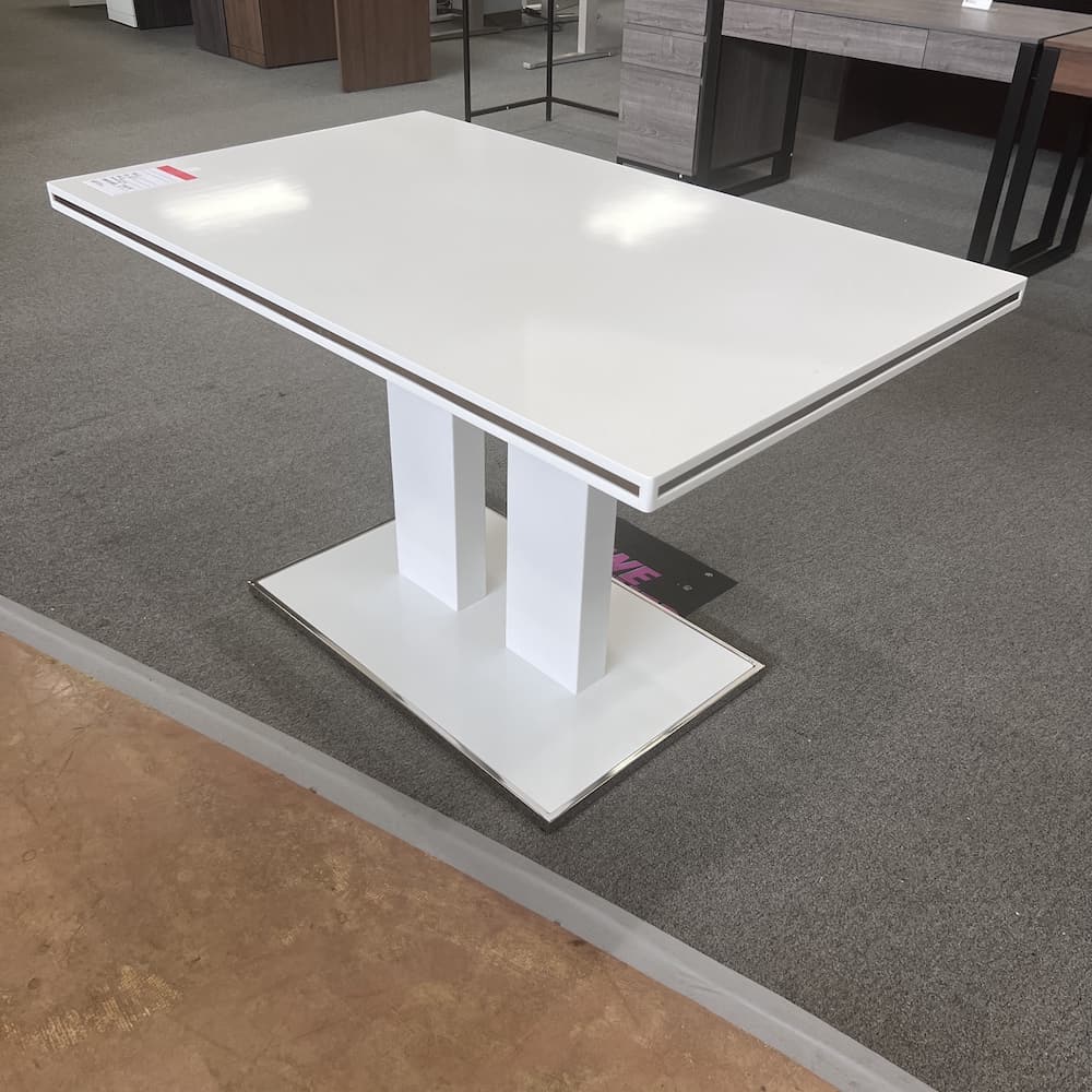 white laminate rectangle table with chrome edging, post modern