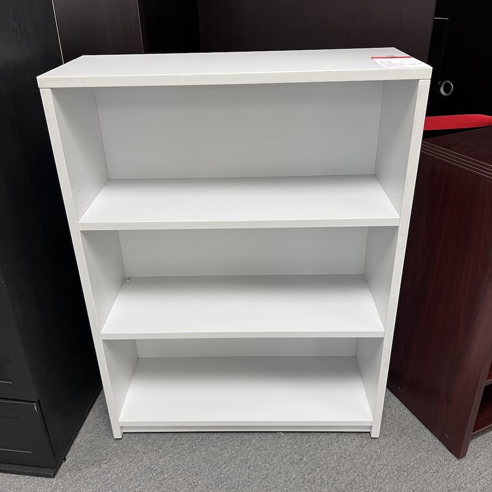 white grey laminate flat no wood grain, office furniture, solid back, bookcase, bookshelf, used office furniture