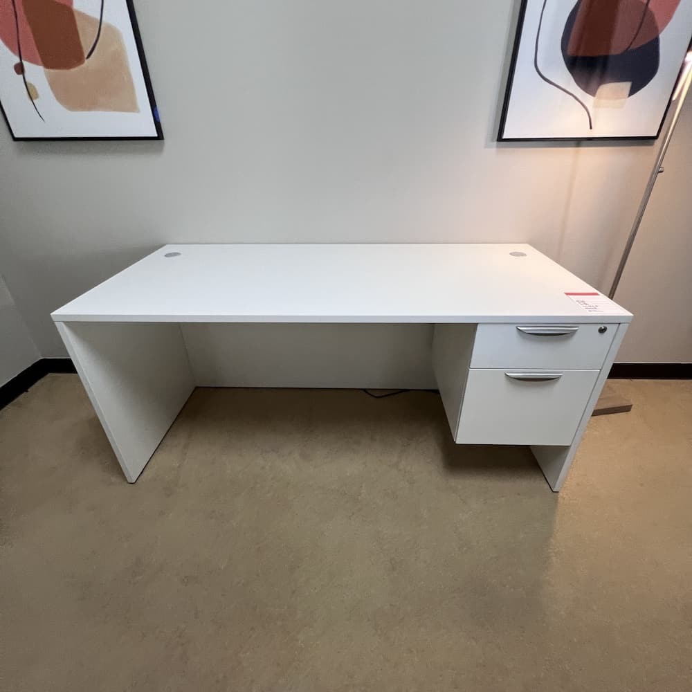 white laminate desk with box/file and silver pulls, used office furniture