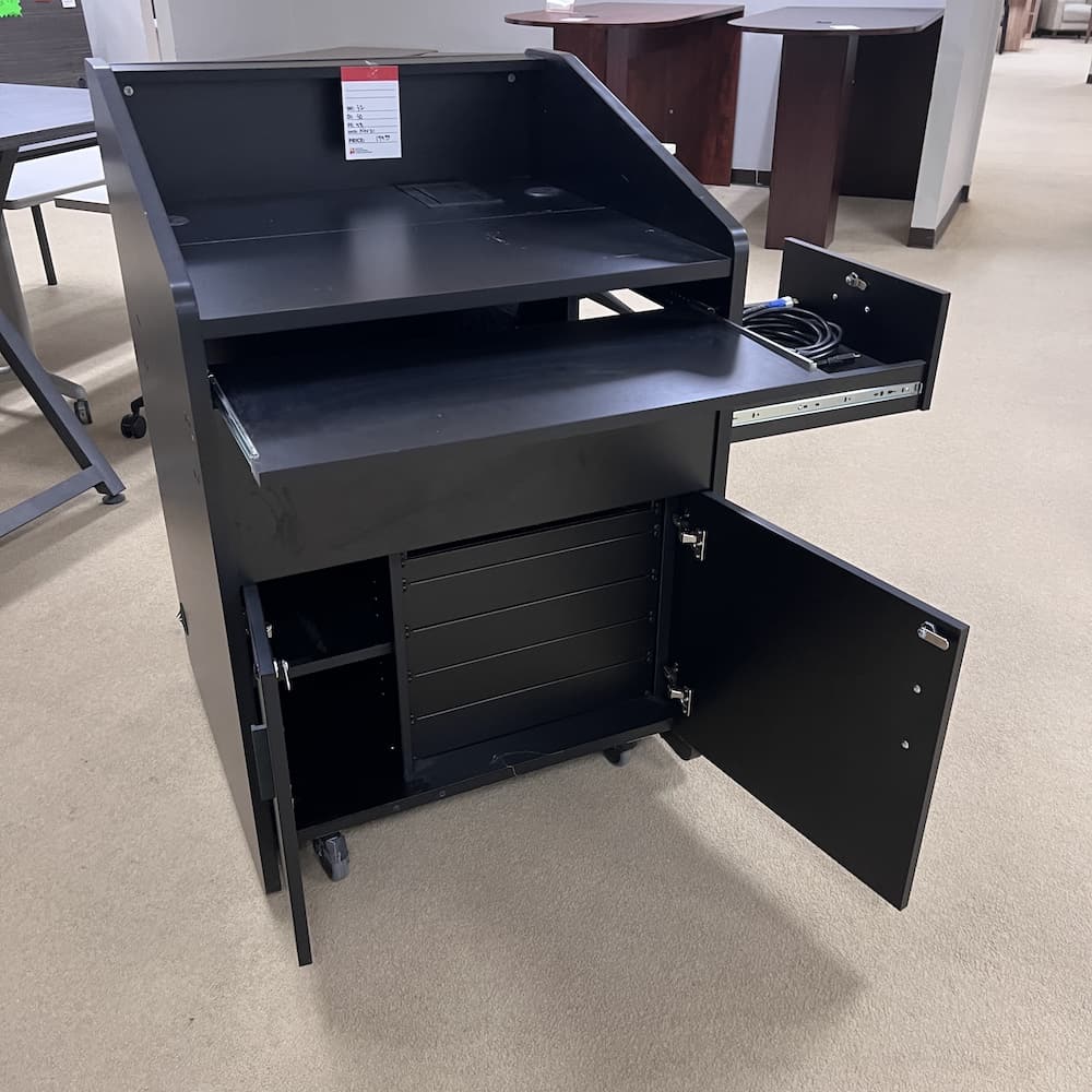 black laminate podium lectern rolling with shelving and doors, used office furniture