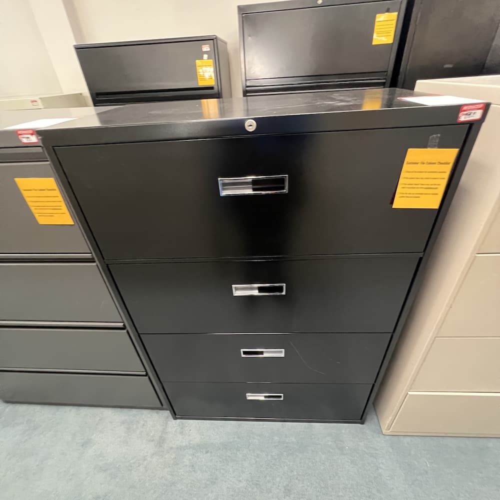 4 drawer lateral file, black metal, used office furniture, used storage filing, steelcase
