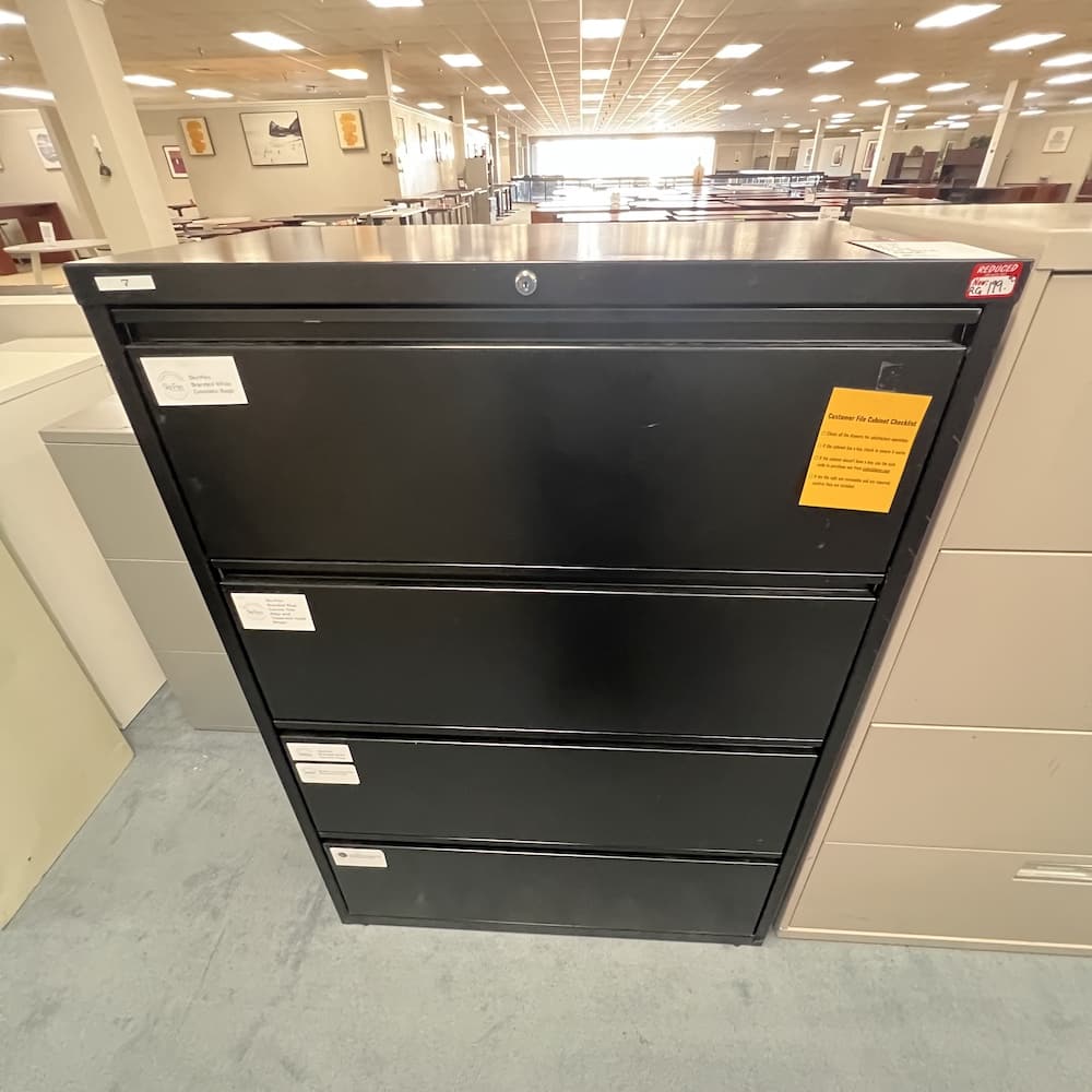 4 drawer lateral file, black metal, used office furniture, used storage filing, global