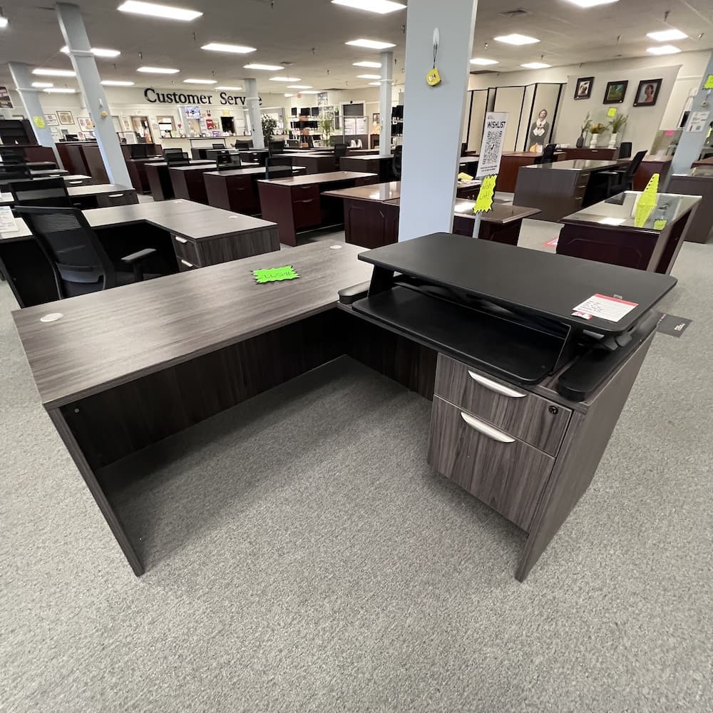 black laminate desk top riser, used, 36" wide, height adjustable, used office furniture