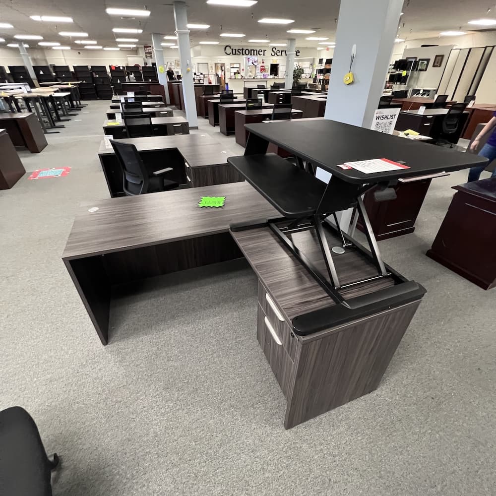 black laminate desk top riser, used, 36" wide, height adjustable, used office furniture