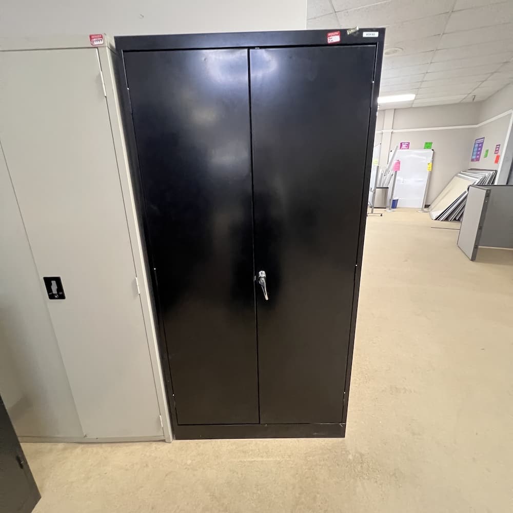 black metal 2 door storage cabinet shelving, uline brand, used office furniture