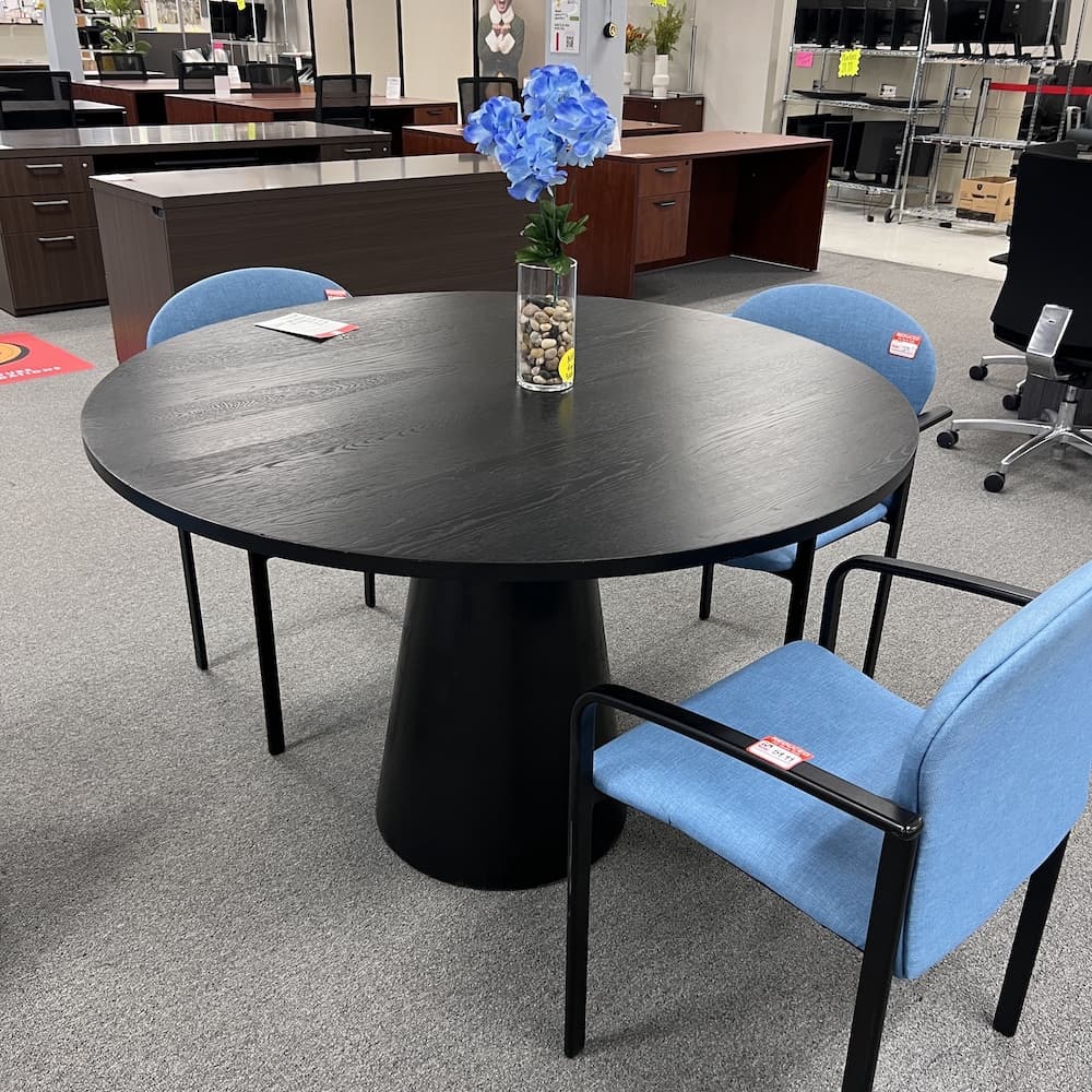 black veneer round table with pedestal base, 48", used furniture