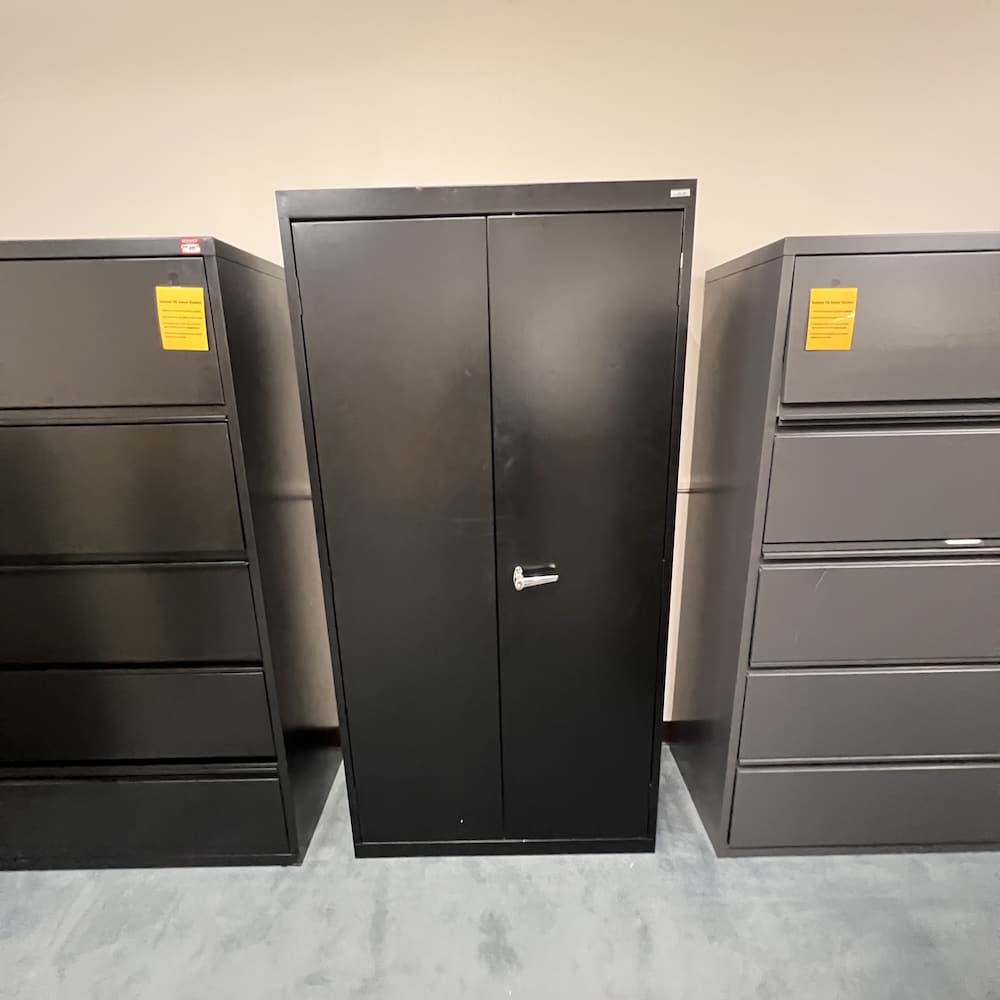 black metal storage cabinet metal, 2 doors, 72" tall, shelves inside, used office furniture, Sandusky