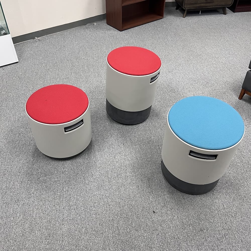 red or blue cushion top grey and black cylinder height adjustable ottoman stool, active chair steelcase brand bouy used office furniture