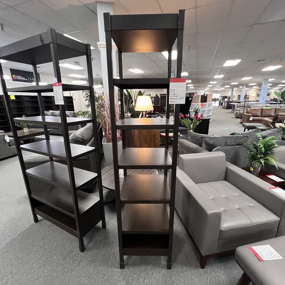 brown metal shelving display, multi tier, open shelf, used office furniture, retail