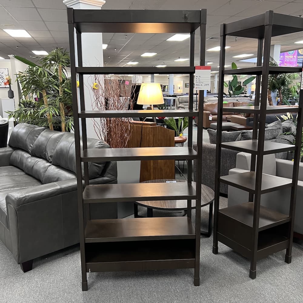 brown metal shelving display, multi tier, open shelf, used office furniture, retail