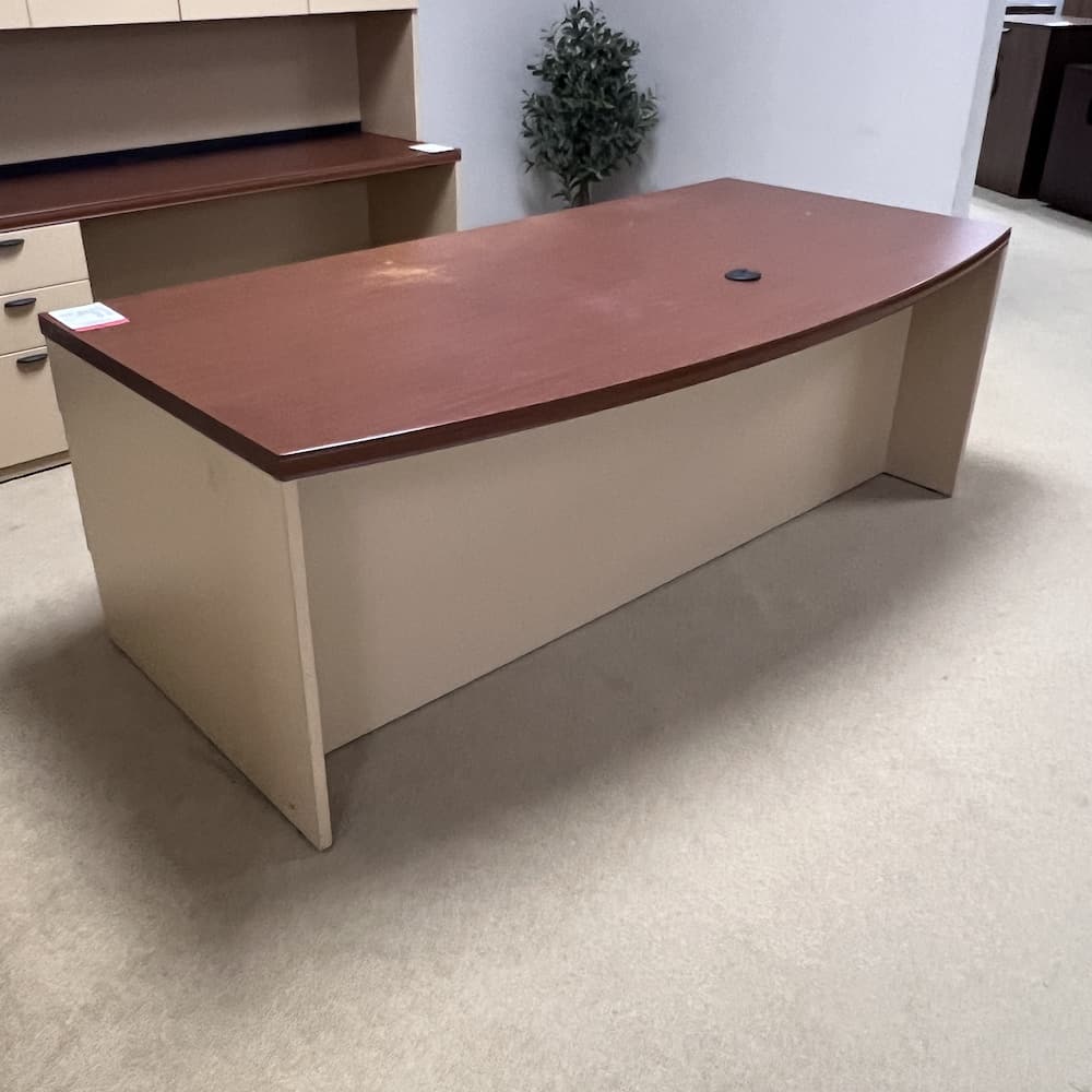 lacasse brown and tan laminate bow front desk with one hanging box file, used office furniture