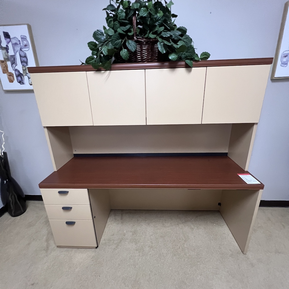 lacasse brown and tan laminate bow front desk with one box box file, used office furniture