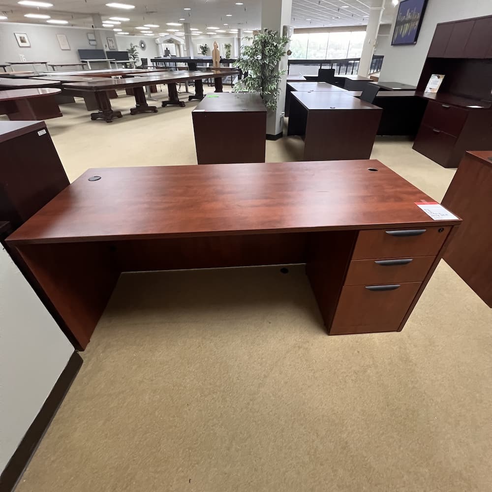 cherry laminate desk with box box file and black pulls 71x 30, used office furniture