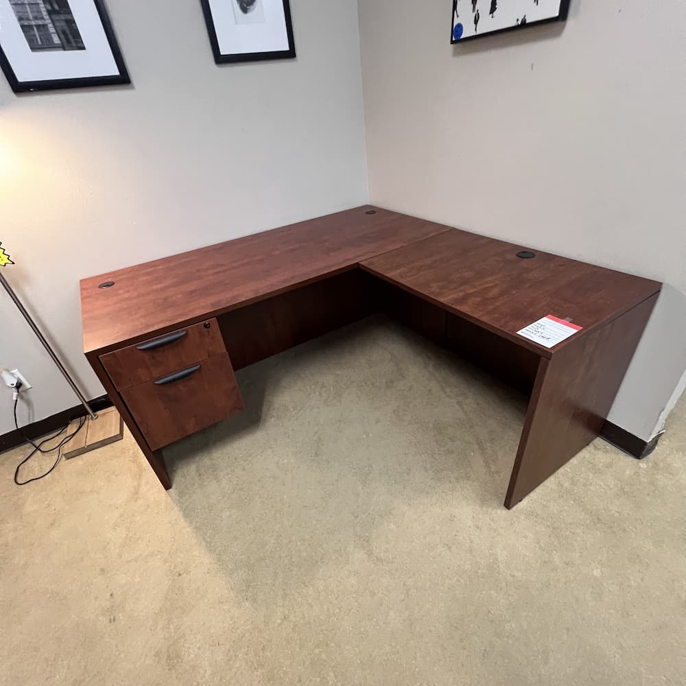 cherry laminate l-desk right return with one hanging box/file, used office furniture