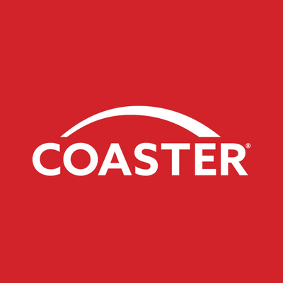 red background, coaster furniture logo, white lettering