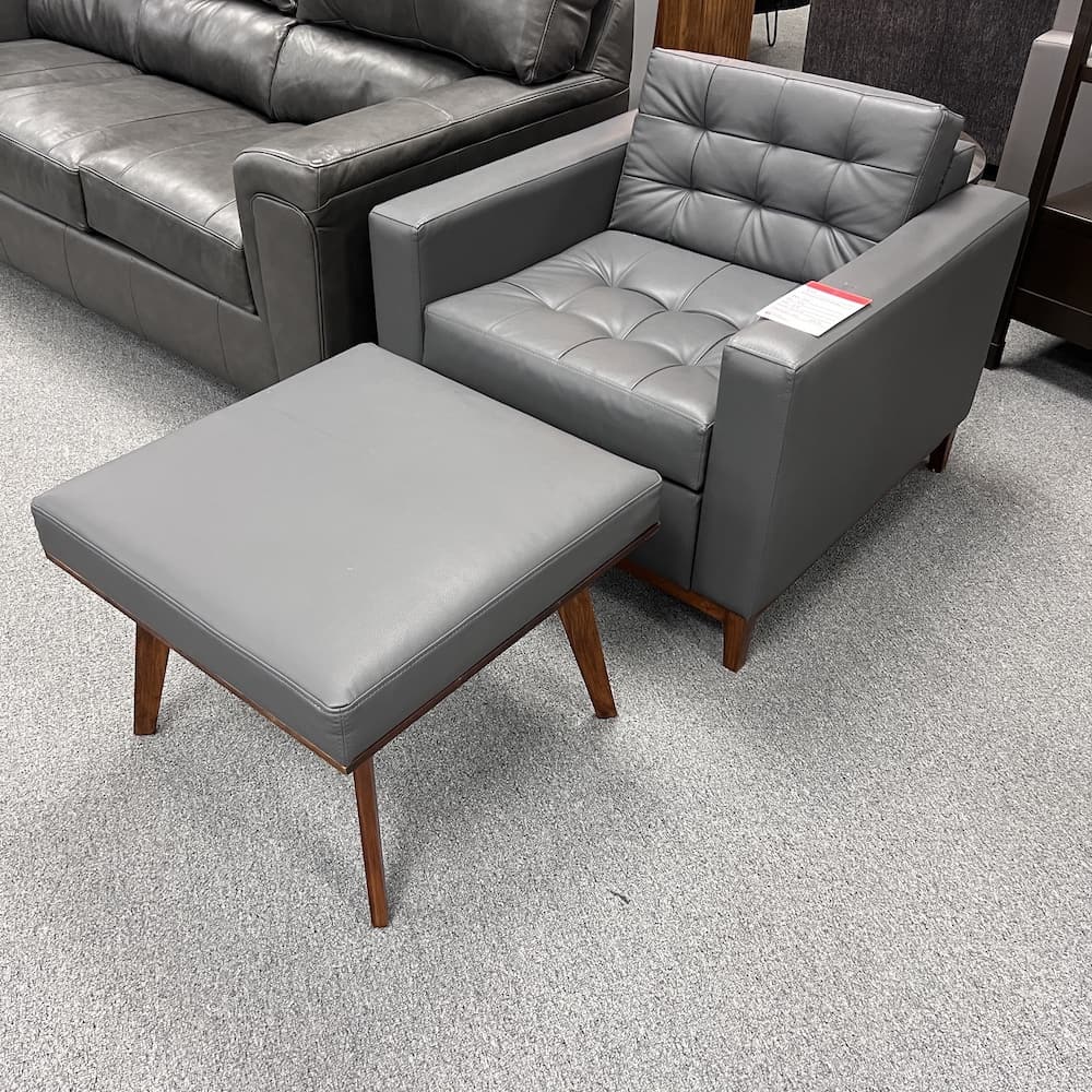 dark grey vinyl club chair with ottoman, set, used home furniture, used office furniture