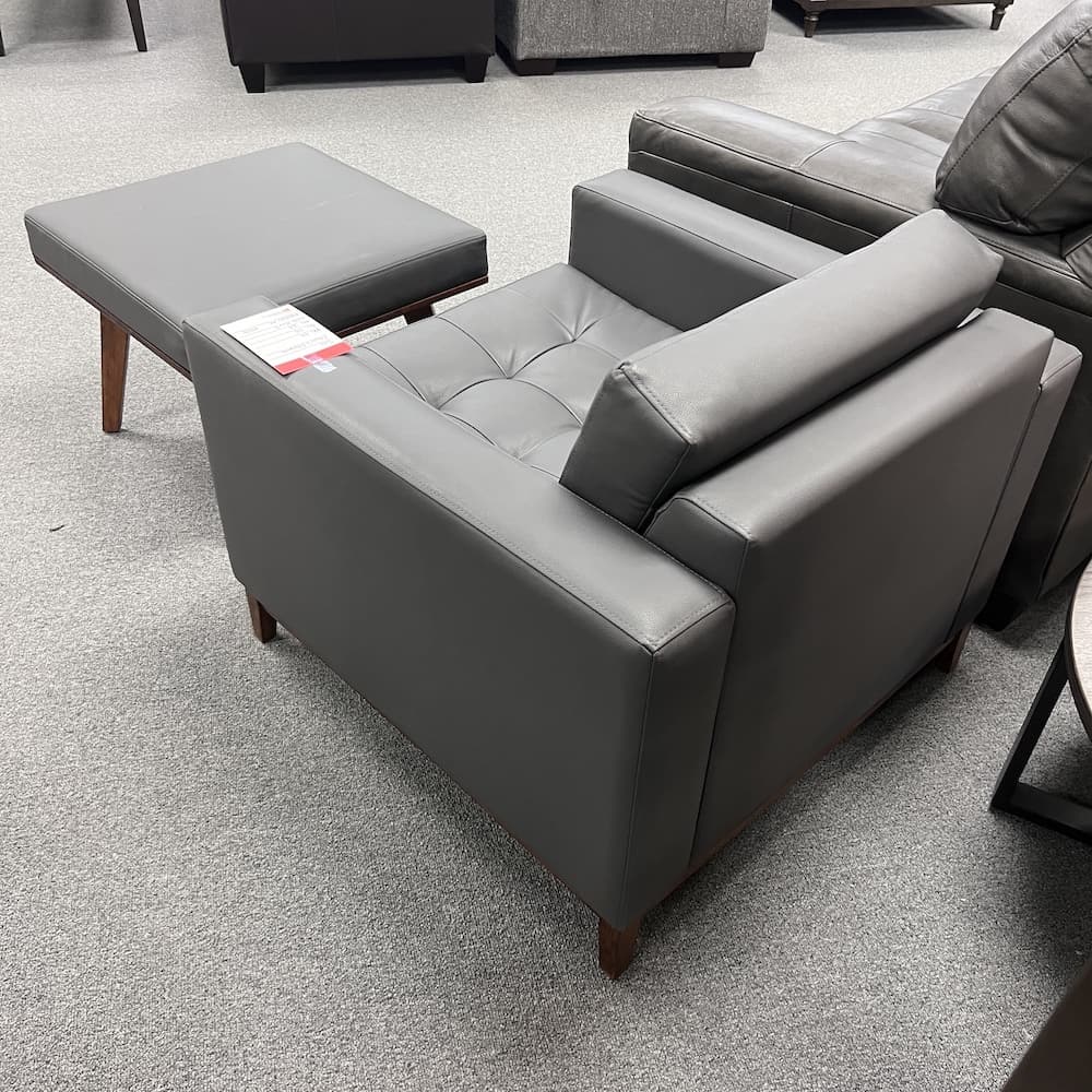 dark grey vinyl club chair with ottoman, set, used home furniture, used office furniture