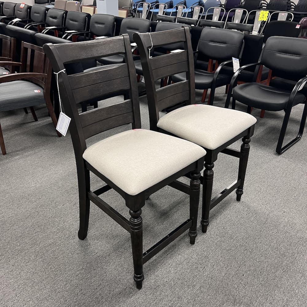 Espresso veneer wood counter height stools, kitchen, used home furniture furnishings, Bernards brand, beige upholstery