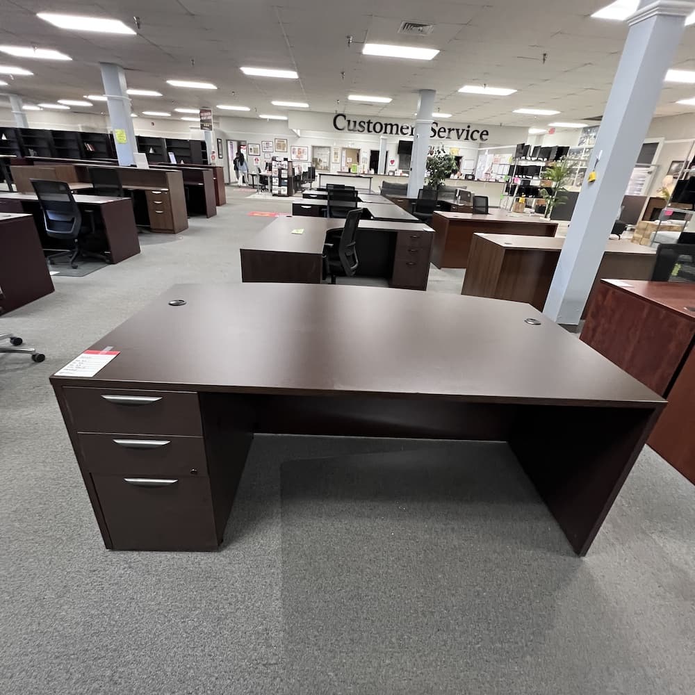espresso bow front desk with one pedestal and box box file, used office furniture, Lowell brand