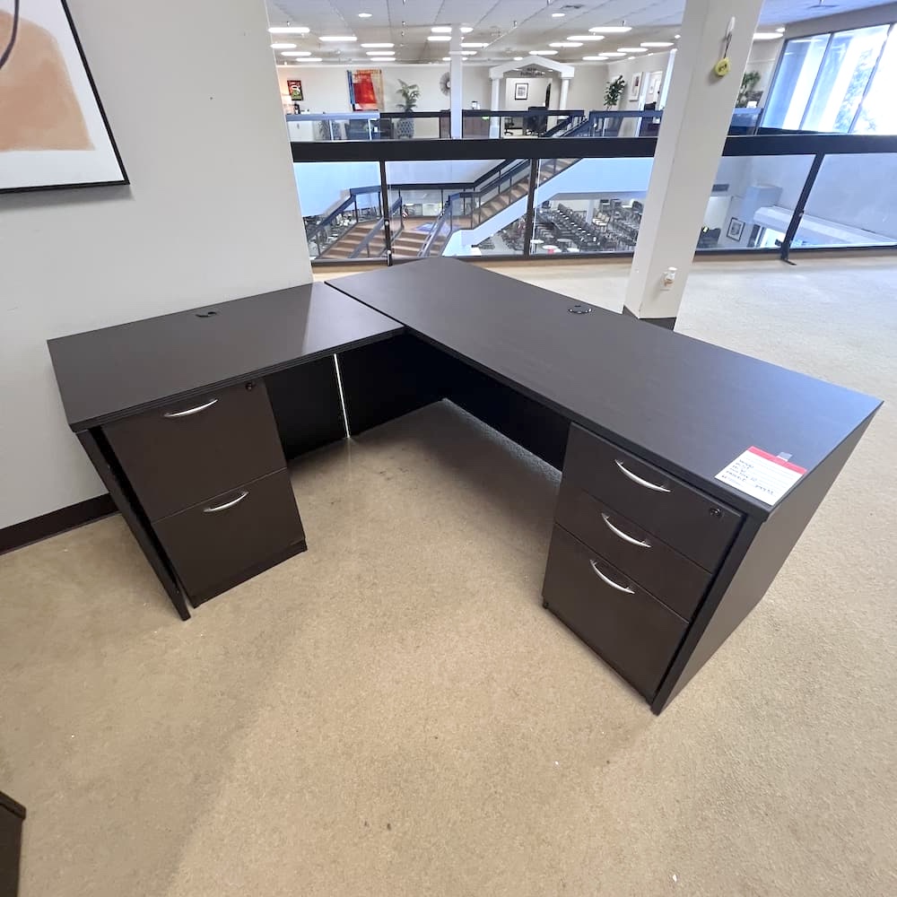espresso l-desk laminate, double pedestal, used office furniture