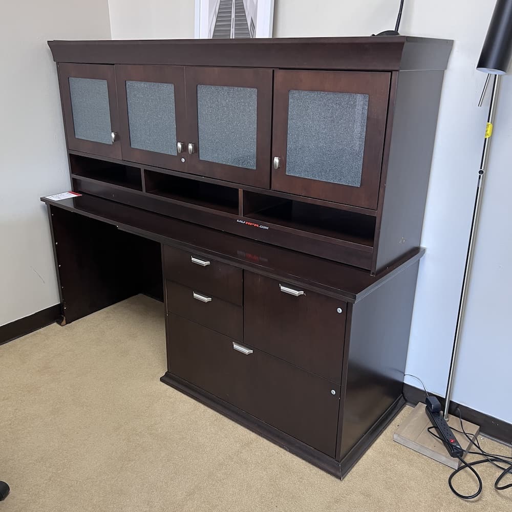 espresso veneer desk credenza with hutch, combo multi file, storage cabinet, used office furniture