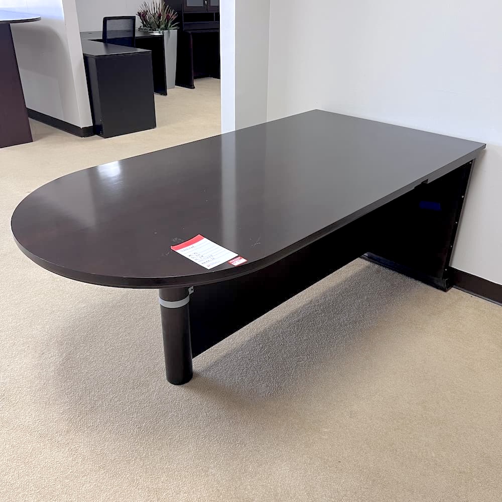espresso veneer desk bullet nose, shell, peninsula, used office furniture