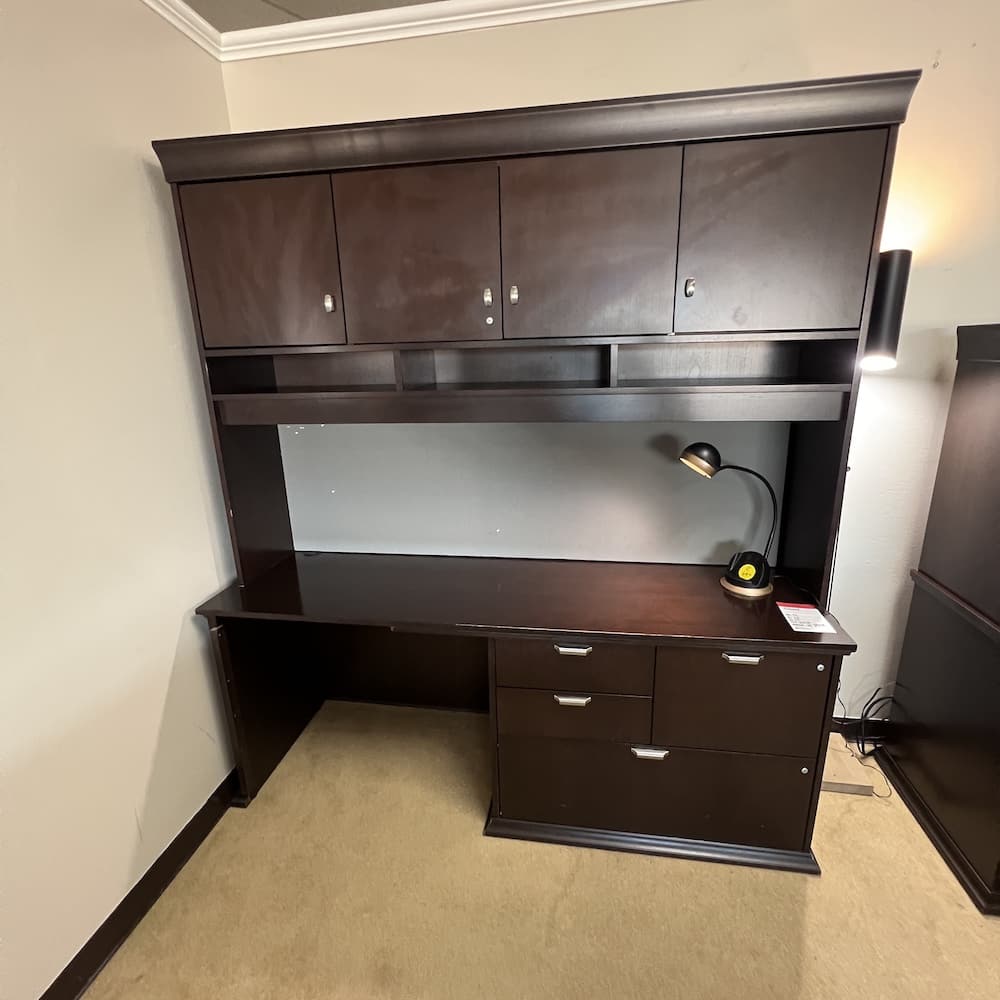 espresso veneer desk credenza with hutch, combo multi file, storage cabinet, used office furniture