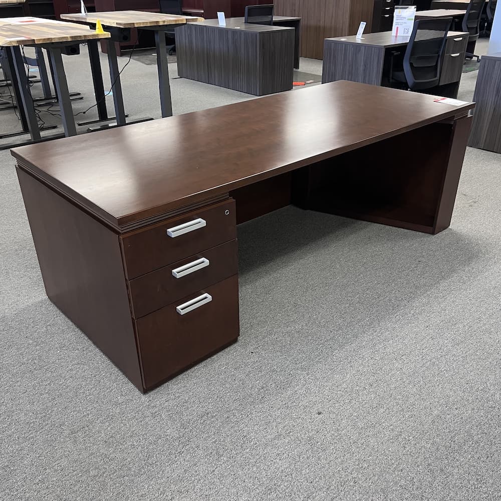 espresso veneer wood executive desk 84" with box box file, used office furniture, contemporary