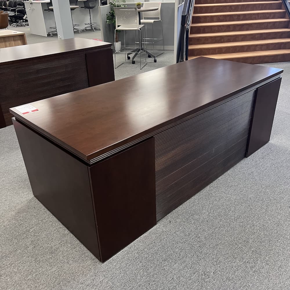 espresso veneer wood executive desk 84" with box box file, used office furniture, contemporary