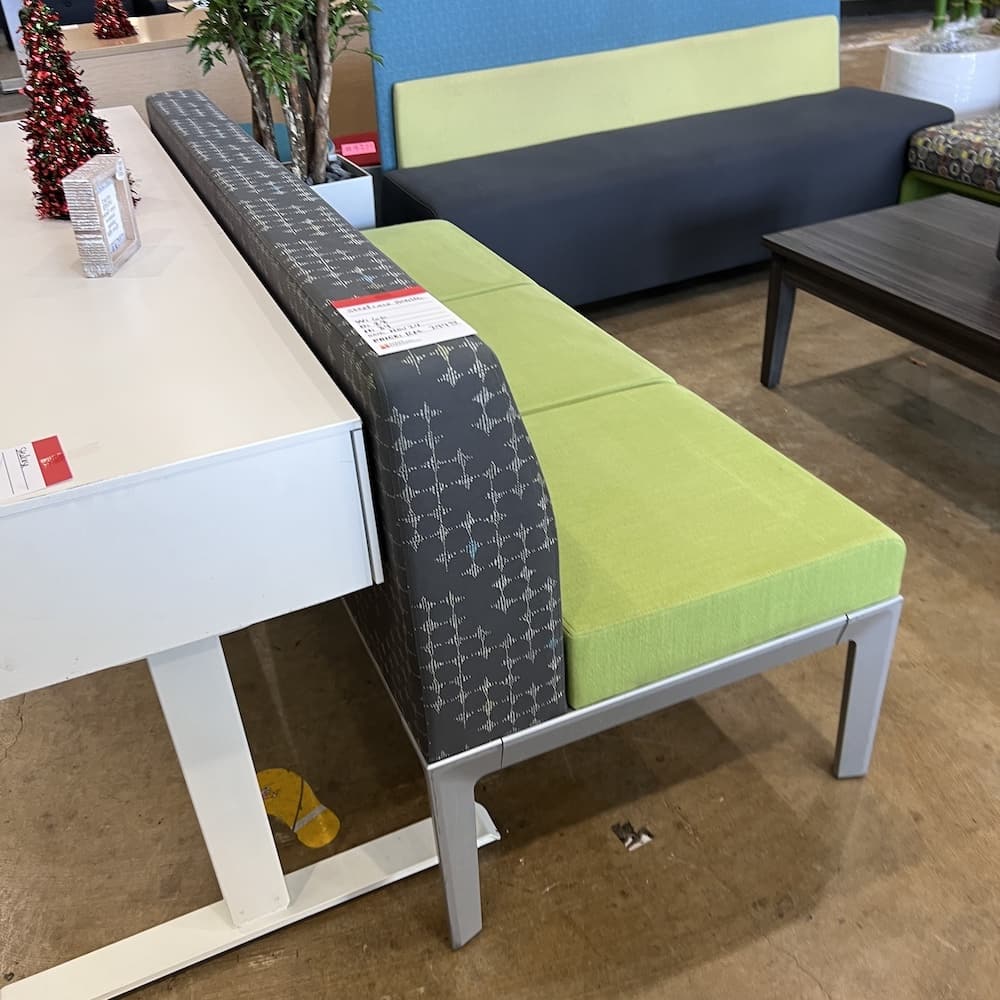 green and grey upholstered bench, steelcase health benching system, commercial seating, used office furniture