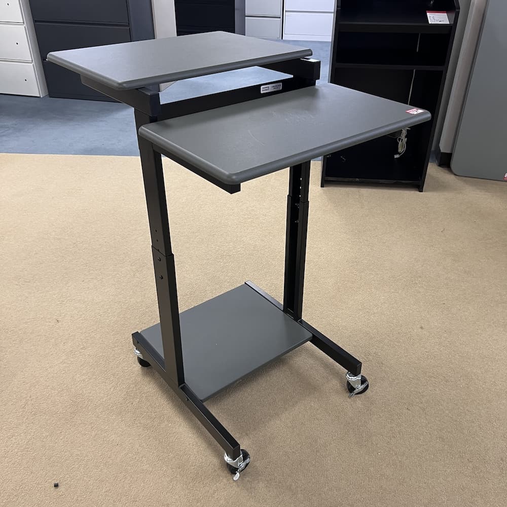 grey laminate and black metal base rolling podium presentation stand, Luxor, uline, used office furniture
