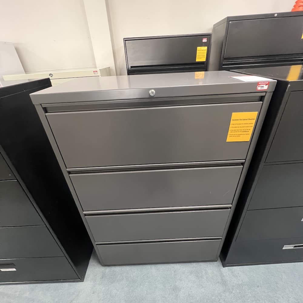 grey metal 4 drawer lateral file, global brand, used office furniture