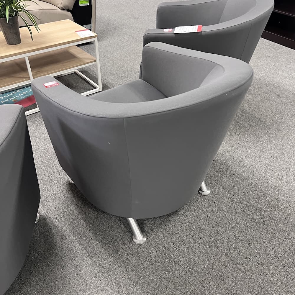 grey upholstered round barrel chair, Jenny turnstone lounge seating, used office furniture, steelcase