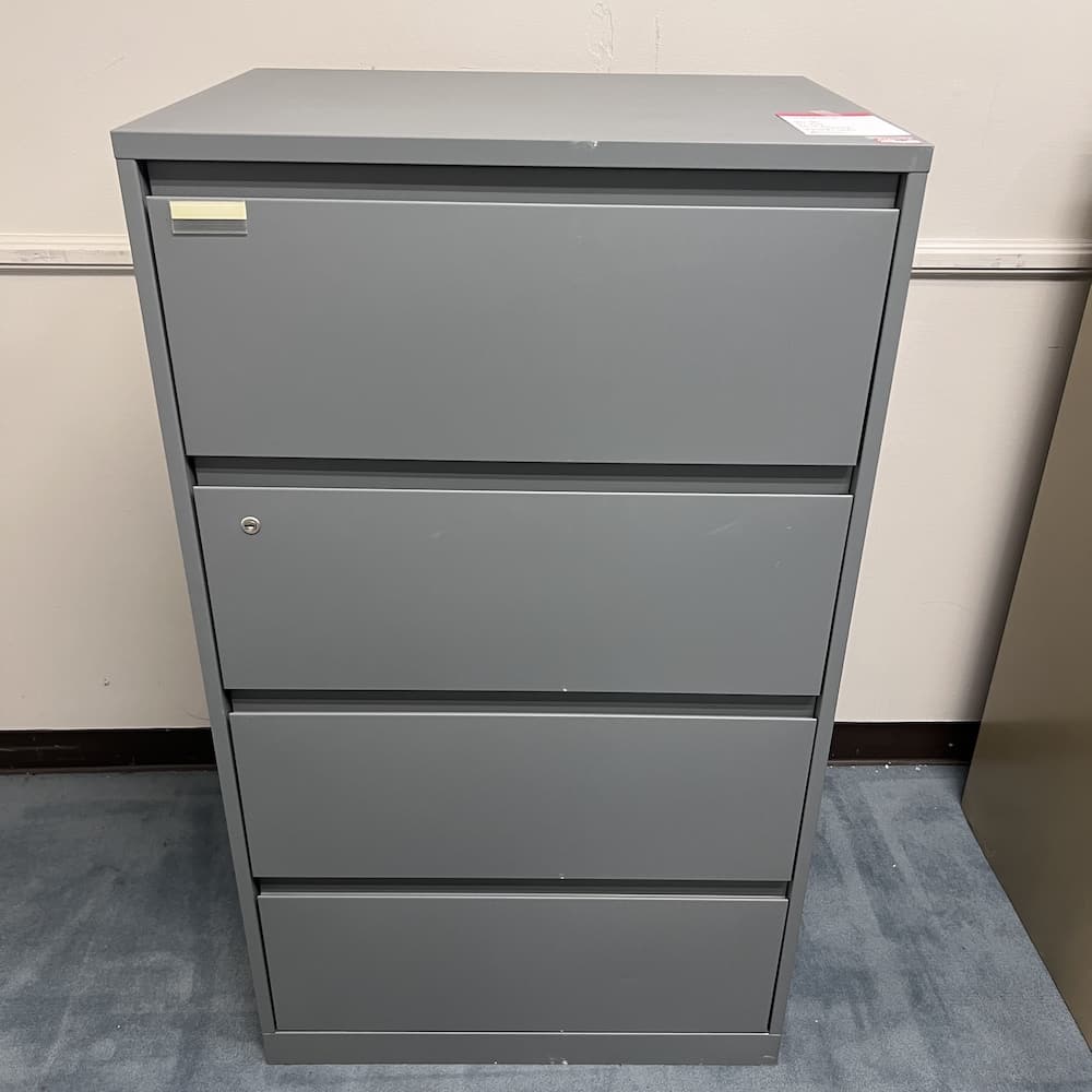 grey metal 4 drawer lateral file, used steelcase, used office furniture, storage filing